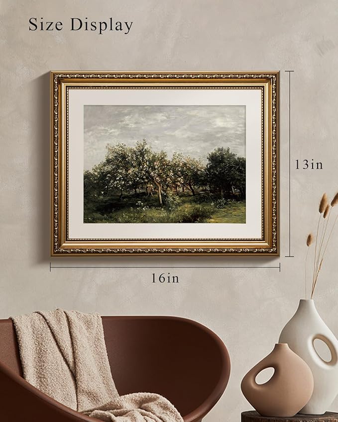 VIYYIEA Gold Framed Impressionist Landscape Orchard Wall Art, Elegant Nature Scene for Living Room Decor | Zero-Glare No Glass Design, Lightweight Canvas Painting | 13x16 Inch