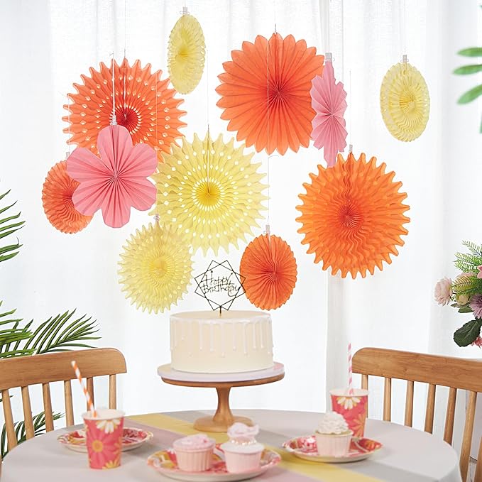 PAPER JAZZ Paper Flowers with Paper Fan Boho Hanging Decor Artificial Flowers Decorations for Wall Pink and Orange Party Decorations for Classroom, Beach Party, Summer Birthday Party Pack of 11.