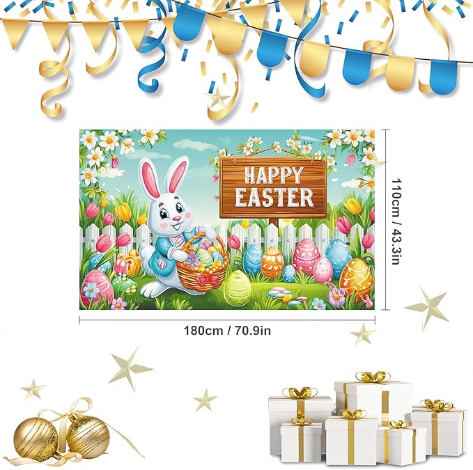 Happy Easter Backdrop 71" X 43" Happy Easter Day Banner Easter Rabbit Party Decorations Easter Bunny Background