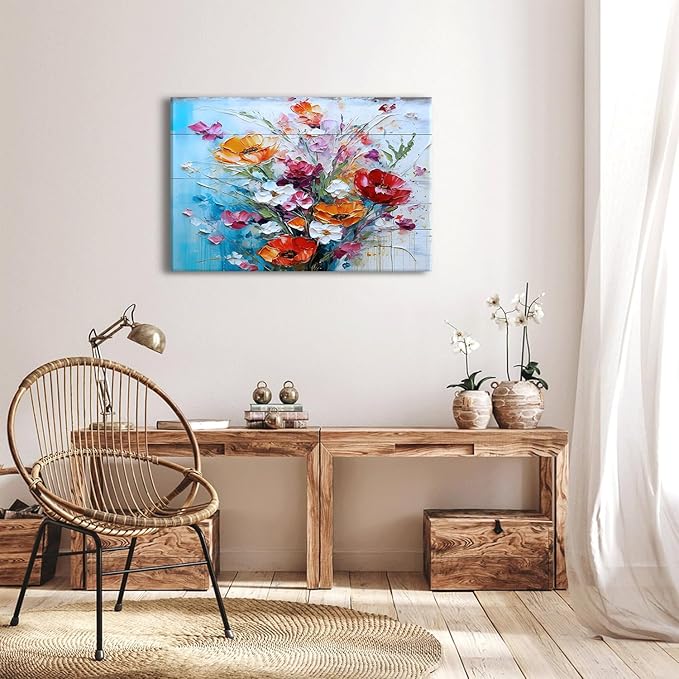 Large Wildflower Wall Art Rustic Colorful Flowers Canvas Picture for Bedroom Watercolor Floral Wall Decor Retro Poppy Flowers Prints Modern Bouquet Artwork Kitchen Living Room Home Decoration 24x36"