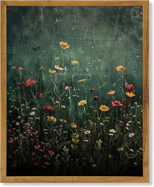 KBKBART Framed Canvas Wall Art, Green Flower Wall Decor, Nature Landscape Flower Wildflower Oil Painting Prints Pictures Artwork for Living Room Bedroom 12x16 inch