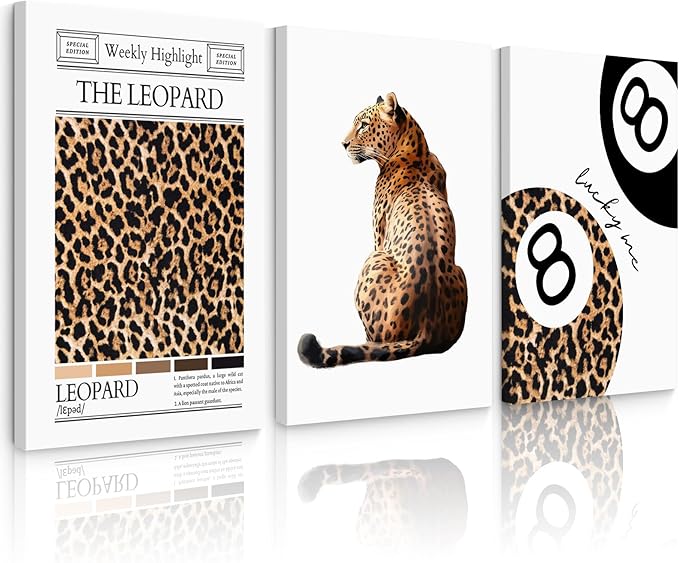 Trendy Leopard Wall Art Cheetah Print Canvas Wall Decor 8 Ball Poster Preppy Room Aesthetic Pictures Funky Coquette Vintage Prints Y2k Fashion Lucky Posters for Bedroom 12x16x3 Inch Wrapped Canvas