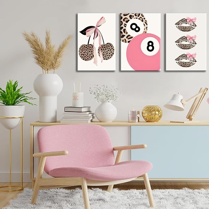 Trendy Pink Leopard Bow Canvas Wall Art Set of 3 Funky Cherry Lucky 8 Ball Posters Prints Cute Coquette Preppy Room Aesthetic Wall Decor Pictures for Girls Bedroom Apartment Dorm 12x16in