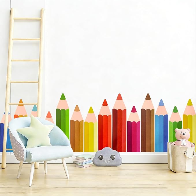 Colorful Pencils Wall Decals, 9 Sheet Color Pencils Wall Stickers Peel and Stick for Playroom Preschool Classroom Decorations