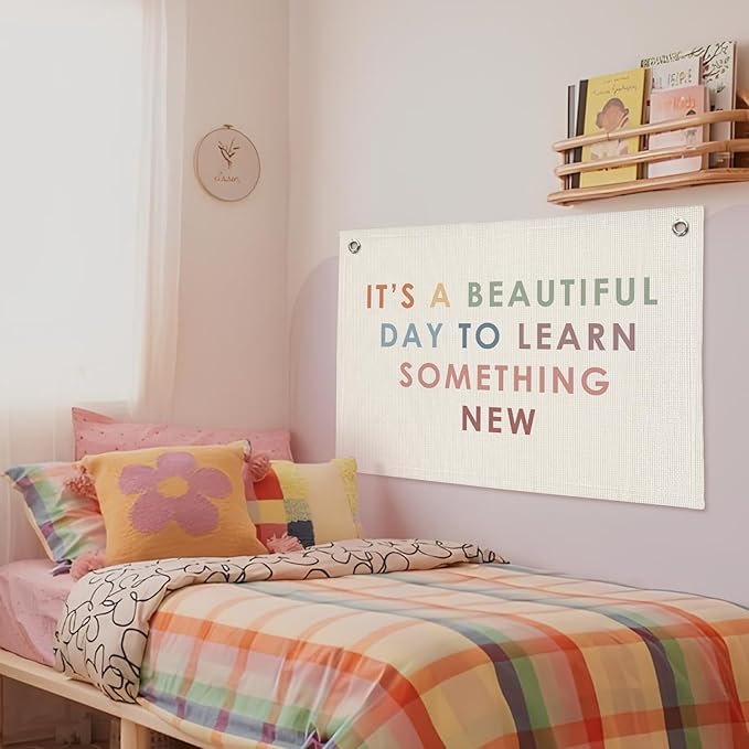 Classroom Decor Banner, Teacher Gifts, Cute Boho Neutral Classroom Must Haves Wall Decor, Inspirational Linen Canvas Banner Flag, It's A Beautiful Day to Learn