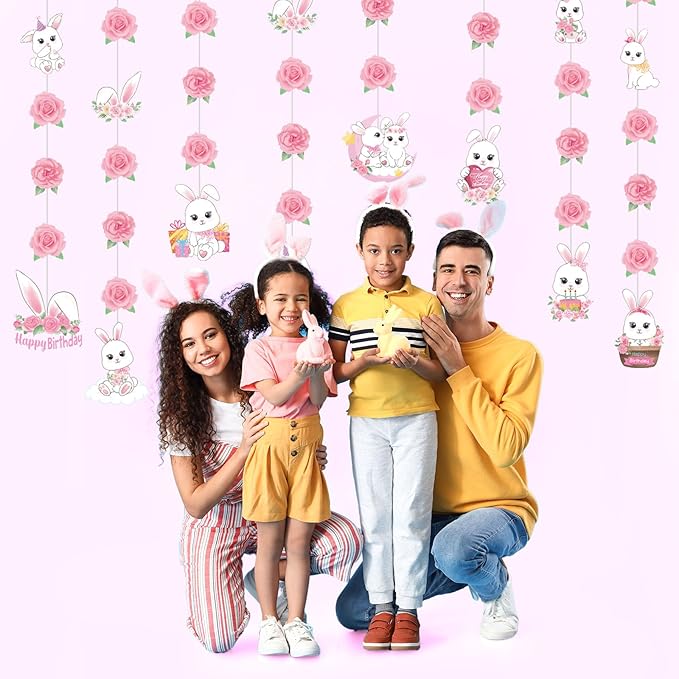8 Pcs Easter Bunny Birthday Party Decorations Bunny Birthday Hanging Garlands Banner Pink Rose White Rabbit Paper Cutouts Streamer for Girls Wall Ceiling Decor Rabbit Party Supplies