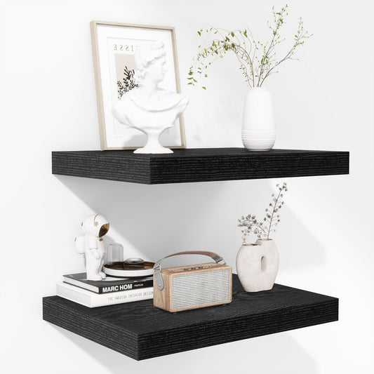 Fun Memories Floating Shelves - 2 Pack 12 Inch Deep Rustic Wooden Wall Shelves - Extra Deeper & Thicker Wall Mounted Storage Shelf for Kitchen, Farmhouse - 16" W x 12" D x 1.5" H - Rustic Black