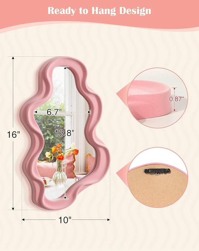 Wavy Mirror Wall Decor for Girly Bedroom, Small Cute Abstract Decorative Mirrors for Modern Apartment Nursery Room Decoration, Hanging Wall Art Above Dresser Desk Table Decor (Light Pink)