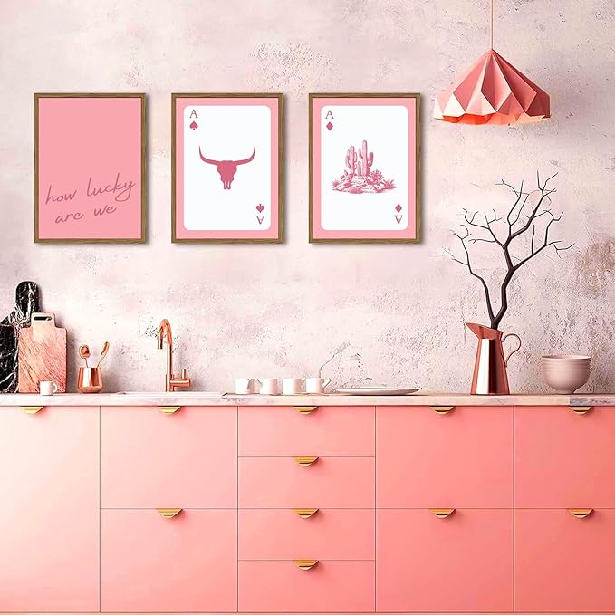 Western Wall Art Set of 3, Southwestern Cowboy Playing Card Wall Decor, Pink Longhorn Bull Skull and How Lucky are We Poster Canvas Painting Prints for Bedroom Living Room 12x16 inch Wood Framed
