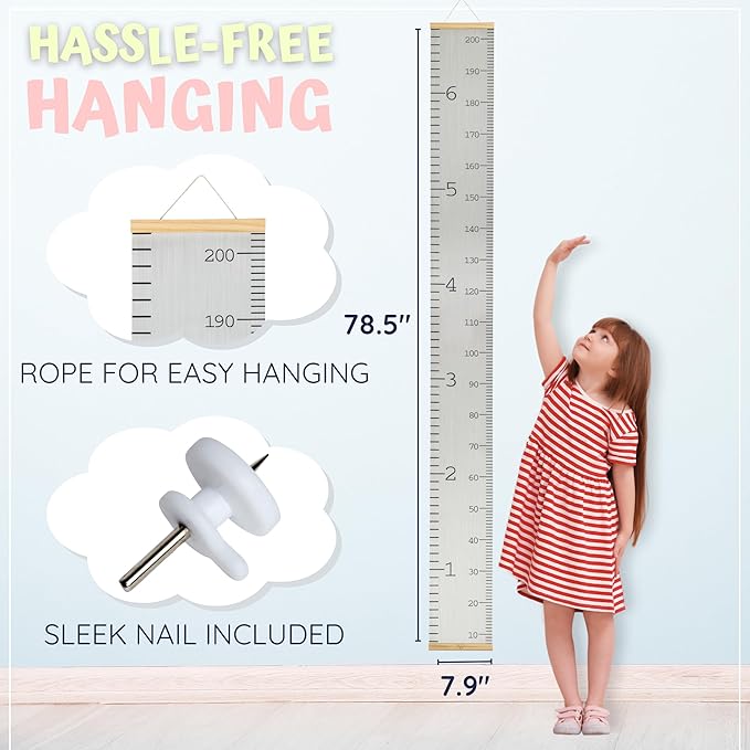 Growth Chart for Wall - Height Chart for Toddlers (79” x 7.9”) - Canvas Kids Tape Measure Chart - Growth Chart for Kids w/Wood Frame Panel - Neutral Color Height Measurement for Wall & Home Décor
