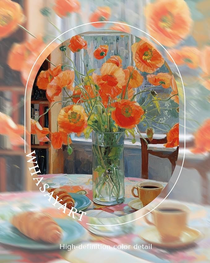 Vintage Framed Wall Art 12x16 Inch Floral Canvas Print with Poppy Flowers, Still Life Oil Painting Coffee Cup and Open Book Artwork, Aesthetic Living Room Bedroom Dining Room Farmhouse Decor Gift