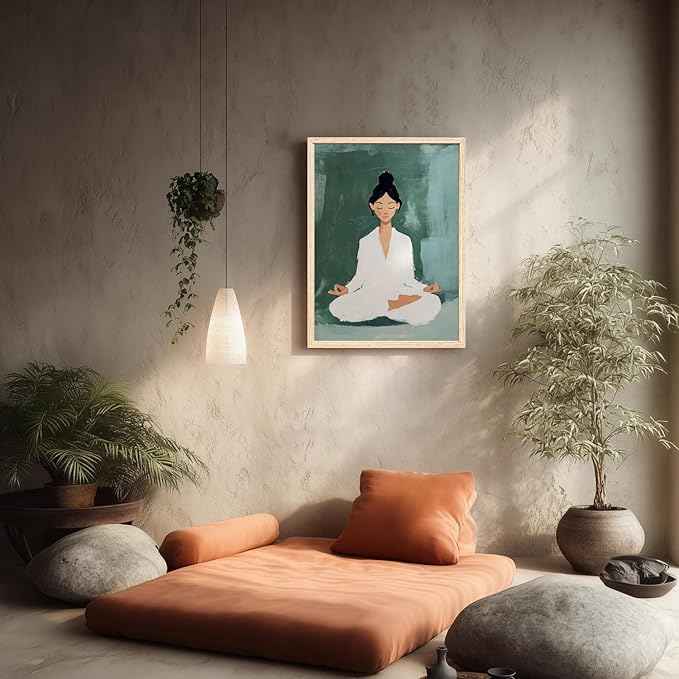 GELDSTEI Wood Framed Zen Wall Art, Tranquil Meditation Wall Decor, Yoga Girl Canvas Painting, Spiritual Aesthetic Picture, Calming Mindfulness Poster Print for Living Room Spa Yoga Studio 16x24 Inch