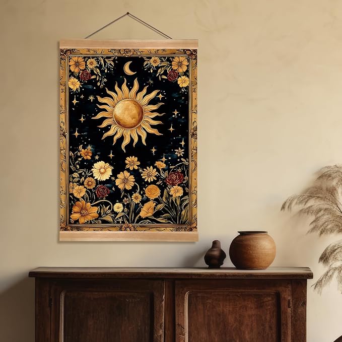 ZTGDA Sun and Moon Wall Art Decor– Vintage Hanging Wall Painting Abstract Poster with Solid Wood Frame, Boho Wall Decor,Mystical Celestial Floral Poster for Bedroom, Office(Sun)