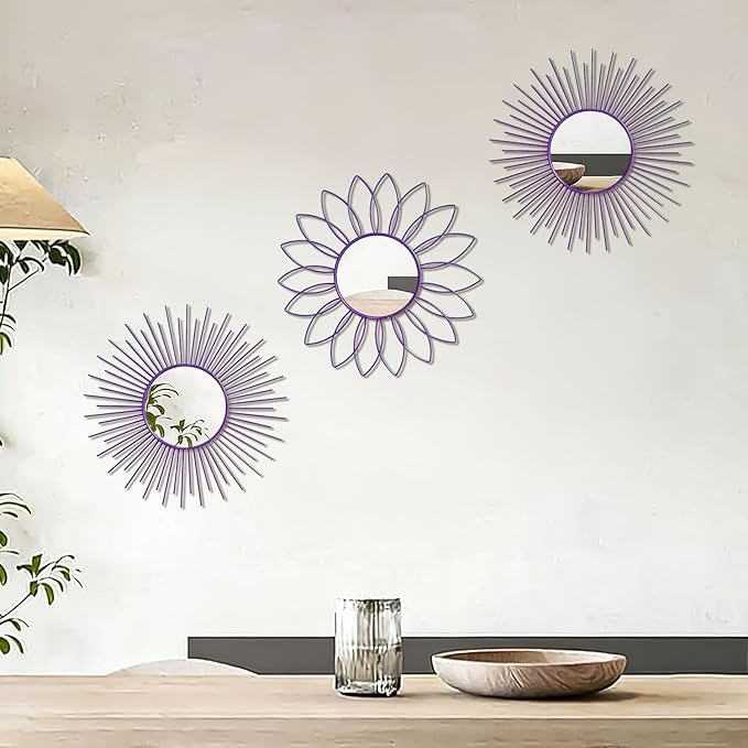 3 Pack Metal Mirrors for Wall Sunburst Wall Mirrors Home Décor Decorative Hanging Wall Art for Living Room Bedroom Entryway (Purple, Flower+Sunburst)