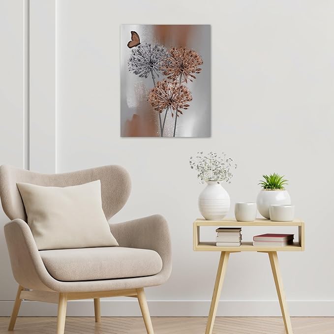 LB Vintage Abstract Dandelion Flower Wall Art Farmhouse Brown and Grey Floral Butterfly Canvas Wall Art Modern Minimalist Wall Decor for Bedroom Bathroom Living Room Framed Ready to Hang 10L x 8W