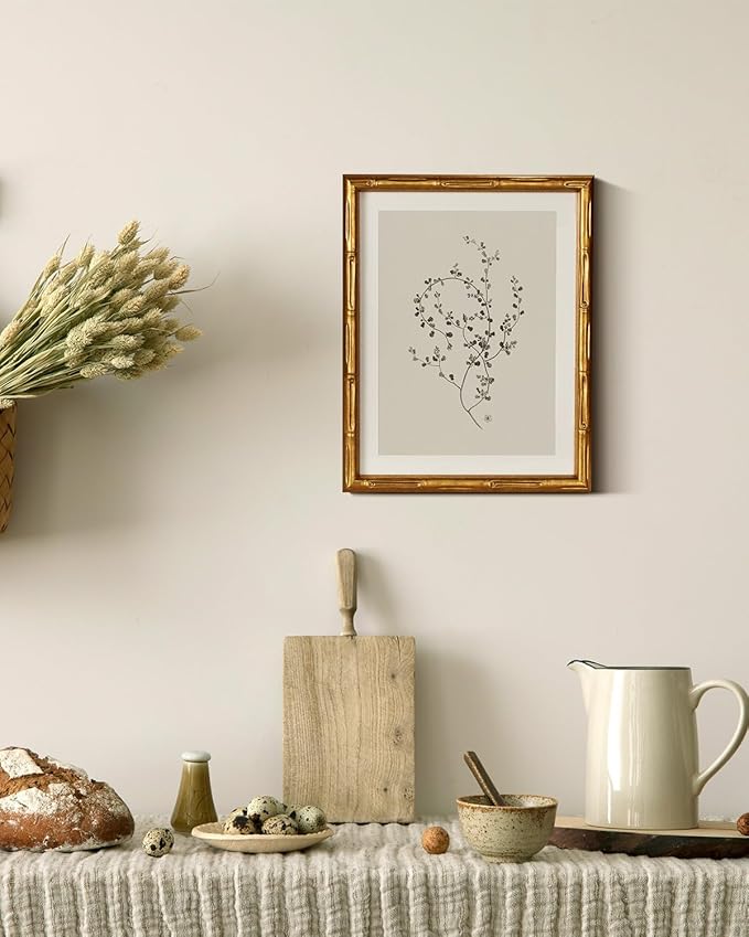 InSimSea Gold Bamboo Framed Canvas Wall Art, Minimalist Floral Botanical Paintings, Antique Vintage Picture Frame with Mat, Victorian Home Wall Decor for Living Room Bedroom Gallery, 11x14inch