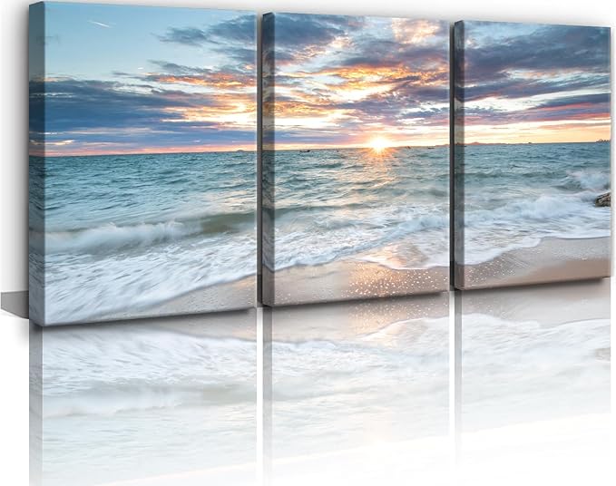 Yxbhhym Bathroom Decor Beach Sunset Wall Art Ocean Print Art Coastal Canvas Wall Decor 3 Panels Framed Picture Landscape Painting for Modern Living Room Bedroom Office Artwork Home Decorations
