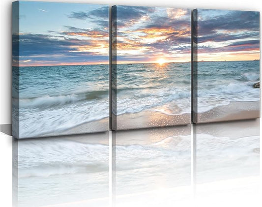 Yxbhhym Bathroom Decor Beach Sunset Wall Art Ocean Print Art Coastal Canvas Wall Decor 3 Panels Framed Picture Landscape Painting for Modern Living Room Bedroom Office Artwork Home Decorations