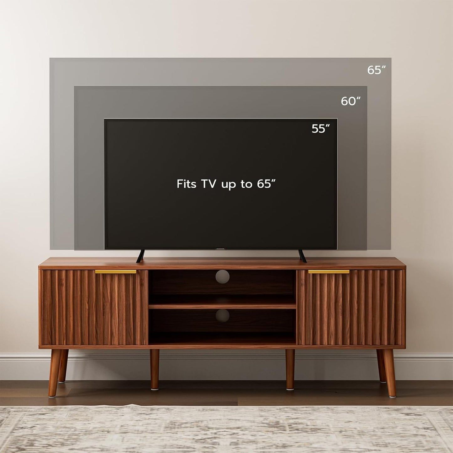 TV Stand for Living Room, Mid Century Modern Entertainment Center for 55/60/65 inch TVs, TV Console with Fluted Door Cabinets and Open Shelves, for Bedroom, Walnut