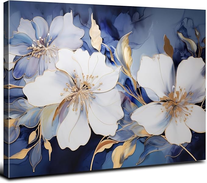 Blue and Gold Wall Art Abstract Flowers Picture Wall Decor Marble Ink Painting Still Life Floral Canvas Prints Poster Watercolor White Floral Artwork for Living Room Modern Home Decorations 24x36"