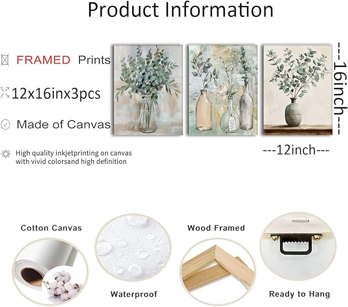 AOYUSMO 3 Piece Sage Green Eucalyptus Vase Canvas Wall Art for Kitchen Boho Botanical Framed Wall Art Floral Farmhouse Neutral Prints Artwork For Dining Room Living Room 12"x16"