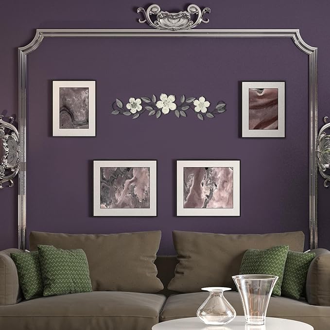 Wesiti Metal Flower Wall Decor Vintage Spring Metal Flower Wrought Iron Scroll Sculpture 15.7''x3.7'' Farmhouse Leaf Wall Decor with Nails for Spring Living Room Bedroom Indoor Outdoor(White)