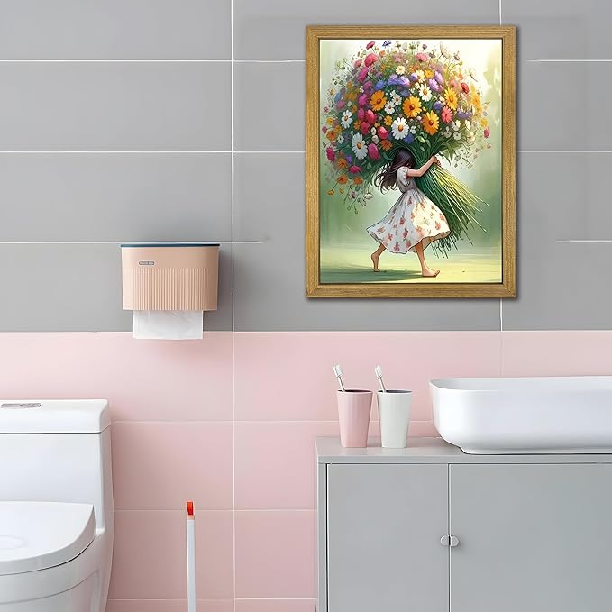 Wood Framed Pink Wildflower Canvas Wall Art, Girl Hugging Flowers Poster Prints Paintings, Teen Girls Preppy Bedroom Decor, Green Room laesthetic Picture for Kids Room Hallway Living Room 12x16 Inch