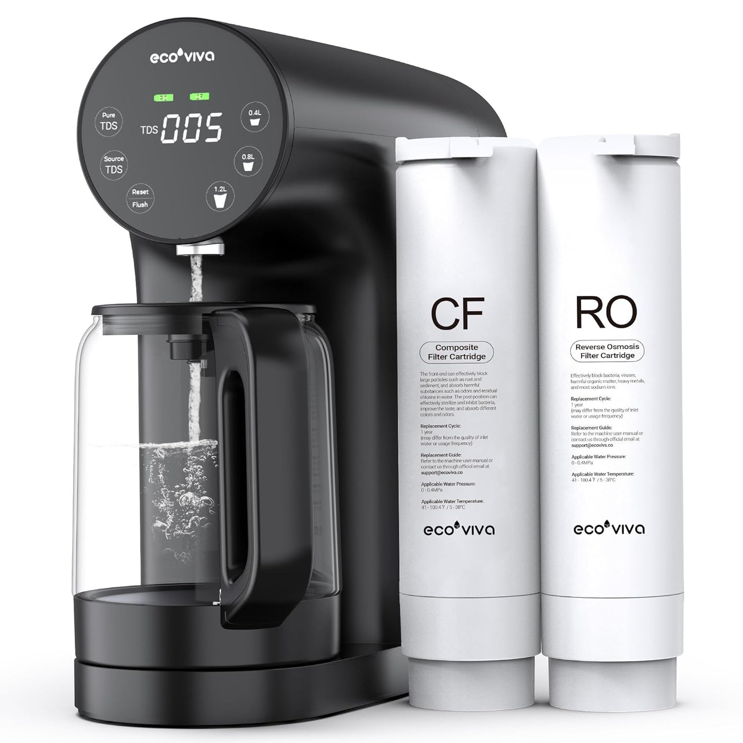 Ecoviva Countertop Reverse Osmosis System RO Water Filter, 5-Stage Filtration, Real-time TDS Monitor, 3:1 Pure to Drain, No Installation Portable Water Purifier-Black