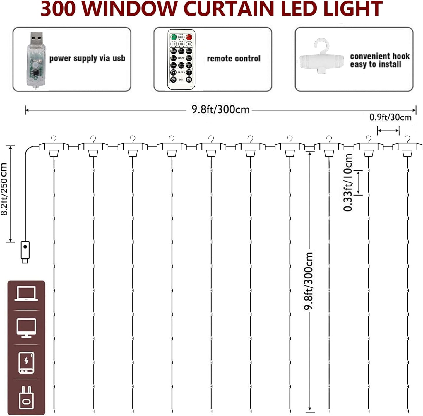 HOME LIGHTING Window Curtain String Lights, 300 LED 8 Lighting Modes Fairy Copper Light with Remote, USB Powered Waterproof for Christmas Bedroom Party Wedding Home Garden Wall Decorations, Cool White