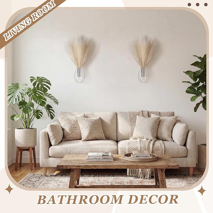 Otoolling 2 Pieces Hanging Plant Wall Decor with Artificial Pampas Grass Metal Hanging Vase Modern Geometric Farmhouse Bohemian Wall Art for Living Room Bedroom Kitchen Office (Silver, Beige)