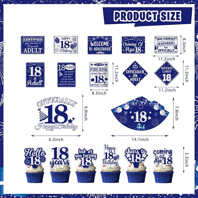 Mpanwen 18th Birthday Decorations for Boys, 113 Pcs Blue Official 18 Year Old Bday Party Decor Supplies for Boy Men with Backdrop, Banner, Tablecloth, Centerpieces, Hanging Swirls, Hat, Wall Signs