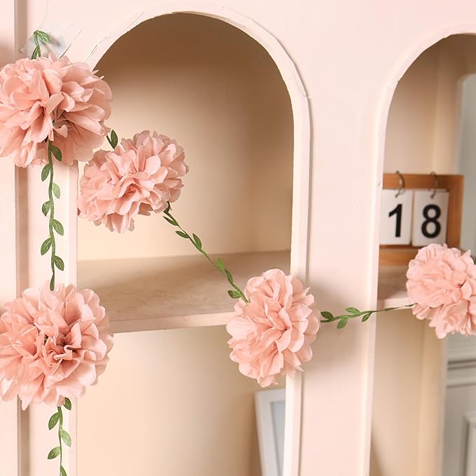Homarkable Nude Pink Tissue Paper Pom Pom Garlands, Paper Flowers for Birthday Decorations, Baby Shower, Wedding Engagement, Bridal Shower, Spring Summer Party Decorations, 4 Pcs