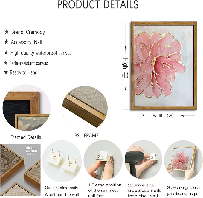 Framed Pink Peony Flower Canvas Wall Art Modern Pink and Gold Floral painting Decor Pictures Abstract flowering Posters Prints for Corridor Living Classroom Bedroom Woman Room Decoration