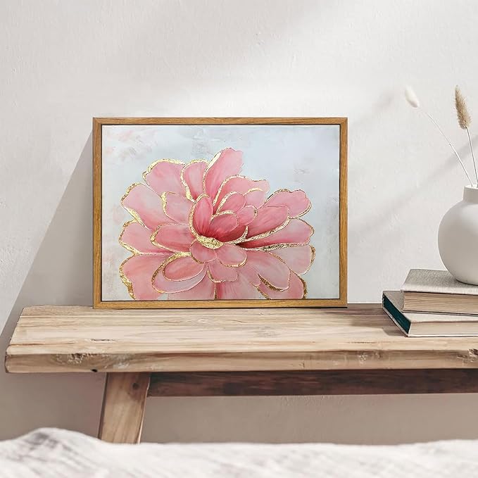 Framed Pink Peony Flower Canvas Wall Art Modern Pink and Gold Floral painting Decor Pictures Abstract flowering Posters Prints for Corridor Living Classroom Bedroom Woman Room Decoration