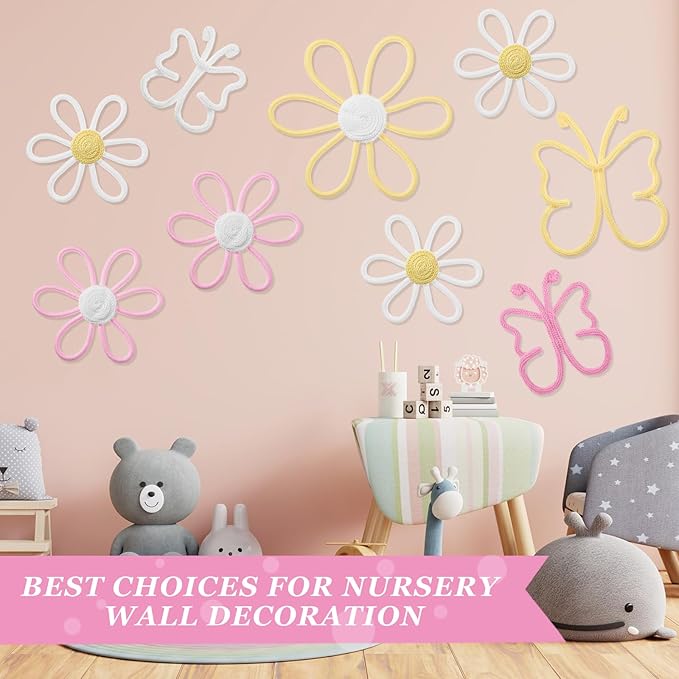 Wesiti 9 Pcs Boho Nursery Decor 3 Size Daisy Flower and Butterflies Woven Macrame Wall Hanging for Home Nursery Bedroom Dorm Wall Art (Bright Color)