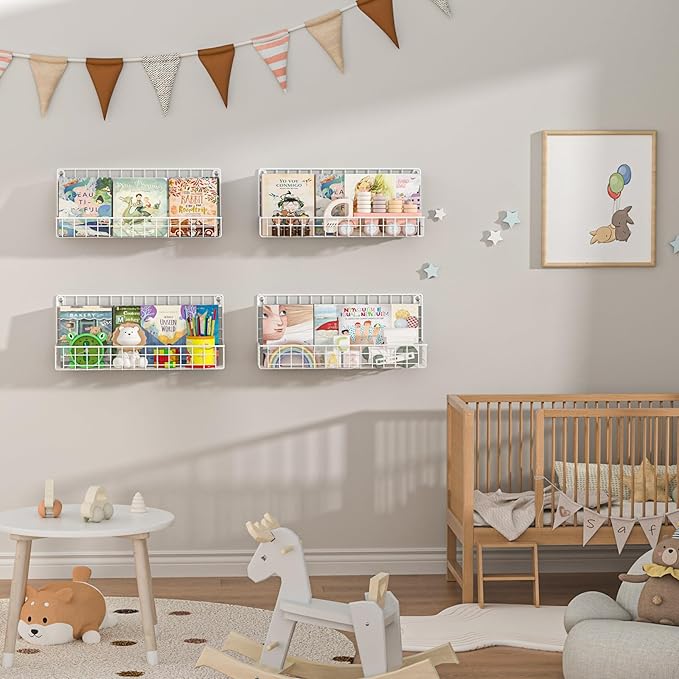 X-cosrack 4-Pack Wall Mounted Metal Kids Bookshelf, Floating Book Shelves for Kids Nursery Toddler Bedroom Classroom, Hanging Book Shelf Storage Organizer for Room Decor, White