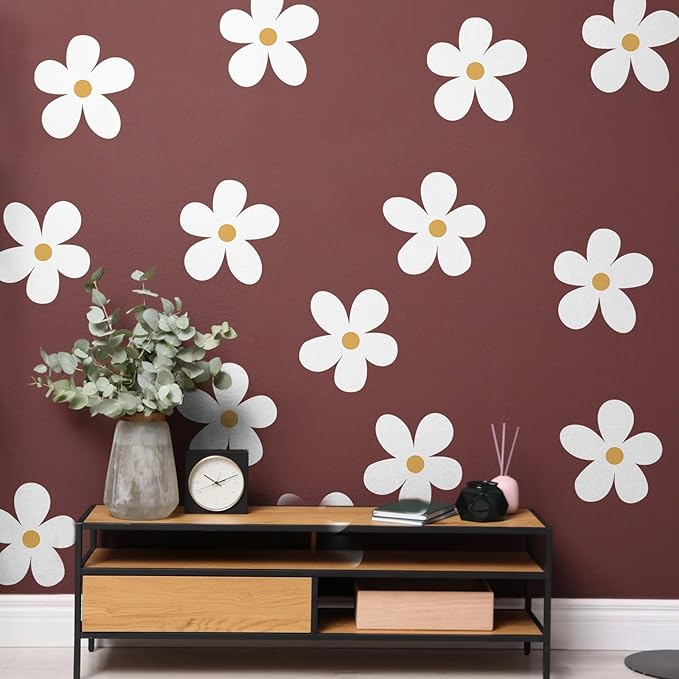 TaoBary 12 Sheet Daisy Wall Sticker Decal Removable Cute Daisy Bedroom Room Decor Flower Wall Sticker Pink White Flower Decal Wallpaper Peel and Stick for Nursery Home(White, Yellow,Charming Style)