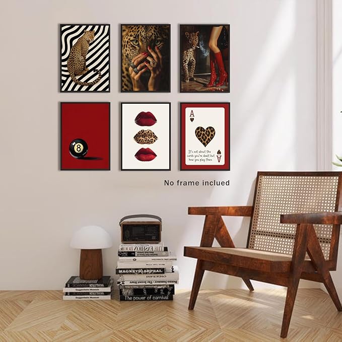 XBQZFLHT Red Cheetah Print Room Decor, Trendy Y2K Leopard Wall Art Pictures, Burgundy Red Wallpaper Style for Girls Bedroom Dorm(Set of 6, 8x10, Unframed)