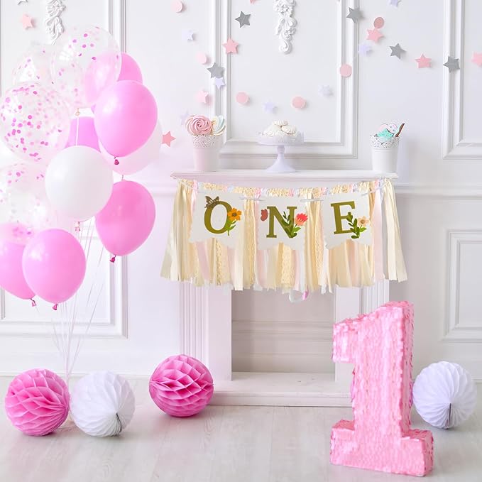 Blossom High Chair Banner with Flower & Butterfly- Floral "ONE" First Birthday Decor for Baby Girls, Little Fairy 1st Highchair Garland, Cake Smash Photo Prop