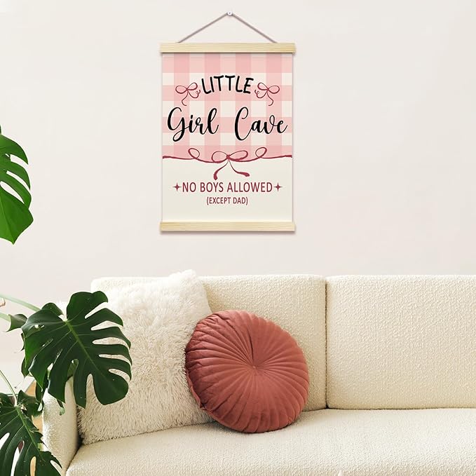 Littil Girl Cave Posters Hanger Frame for Girls Room Hanging Pink Bows Poster for Bedroom Kids Room Classroom Decor Wall Art Decor for Nursery Playroom Canvas Wall Art Print 16x12 Inches - YY045