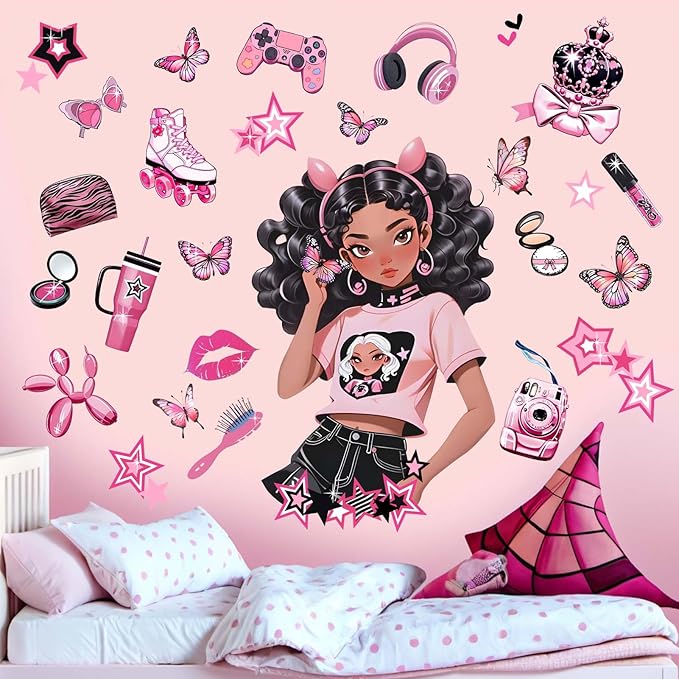 Bedroom Wall Stickers for Black Girls: Peel and Stick Fashion African American Butterfly Wall Decals - Wall Art Decor Kids Supplies Ages 1 2 3 4 5 6 7 8 9 10 11 12 Year