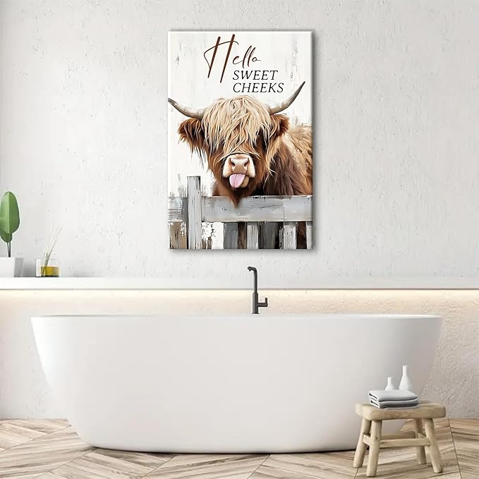 Farmhouse Cow Bathroom Wall Art Highland Cow Wall Decor Hello Sweet Cheeks Signs Prints Painting Longhorn Animal Pictures for Wall Rustic 24x36", Vintage Funny Cattle Poster Artwork Home Decorations
