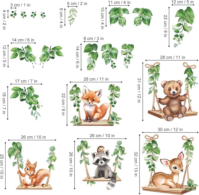 wondever Woodland Animal on Swings Wall Stickers Baby Bear Deer Fox Leaves Peel and Stick Wall Art Decals for Children Nursery Kids Bedroom Living Room