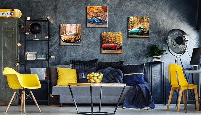 DJSYLIFE Car Posters Boys Room Decor Wall Art Giclee Canvas Prints Autumn Landscape Red Sport Car Pictures Modern Artwork for Bedroom Home Decorations Painting 12x12 inchesx4 Framed Ready to Hang