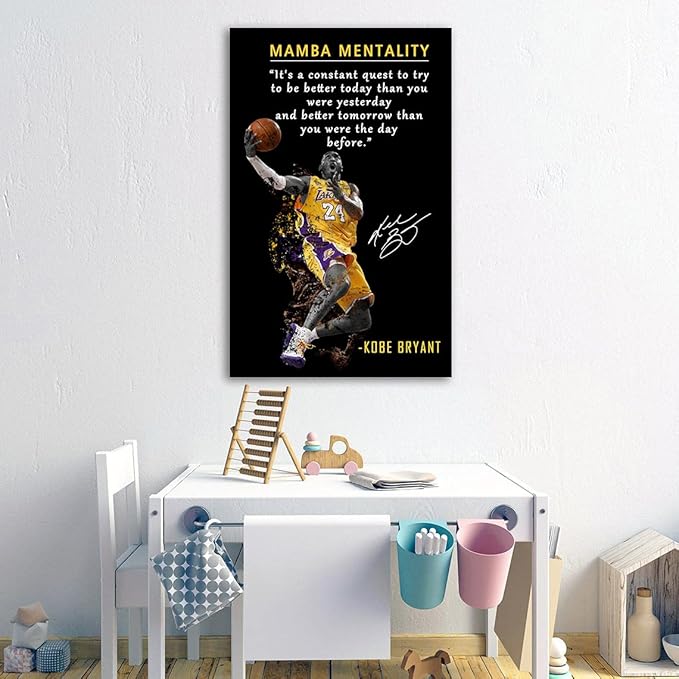 AMART SUN NBA Basketball Player Sports Home Decor • Kobe Bryant Mamba Mentality Quote Poster Inspirational Canvas Wall Art • Motivational Artwork for Home,Office,Gym Wall Decor Framed Ready to Hang