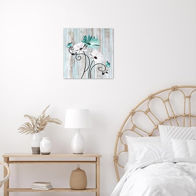 HVEST Floral Butterfly Wall Art for Living Room Teal Turquoise Bathroom Wall Decor, Rustic Farmhouse Daisy Framed Wall Art for Bedroom Kitchen Home Office, 12L x 12W Inches