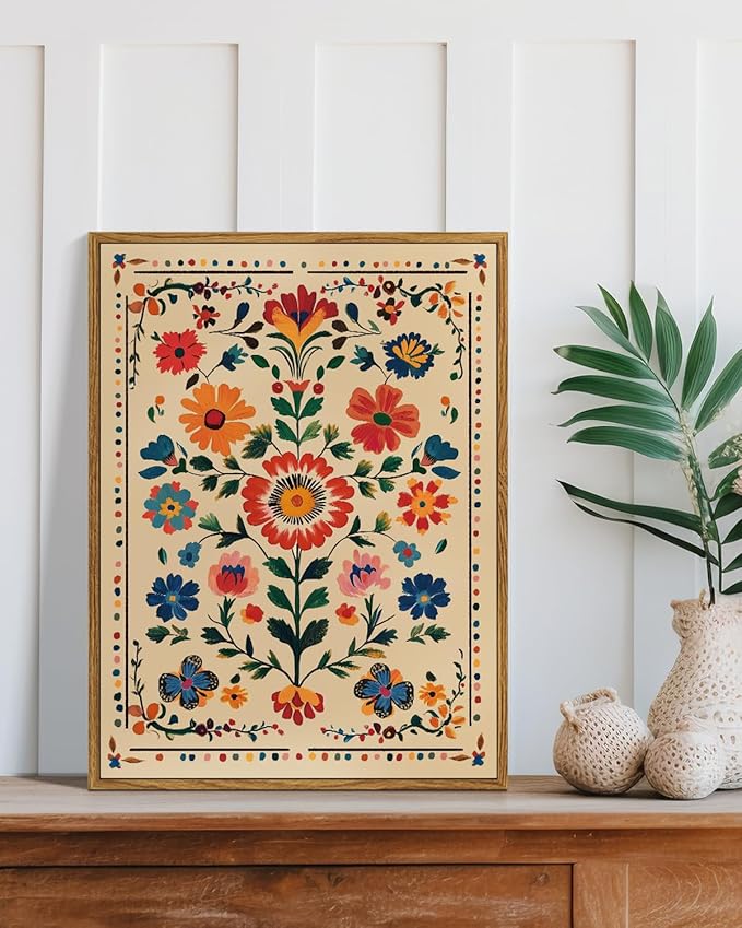 Vintage Floral Framed Canvas Wall Art 12x16 Colorful Flower Painting, Tropical Botanical Nature Boho Bright Vibrant Floral Print, Mexican Traditional Latin Bedroom Home Office Décor