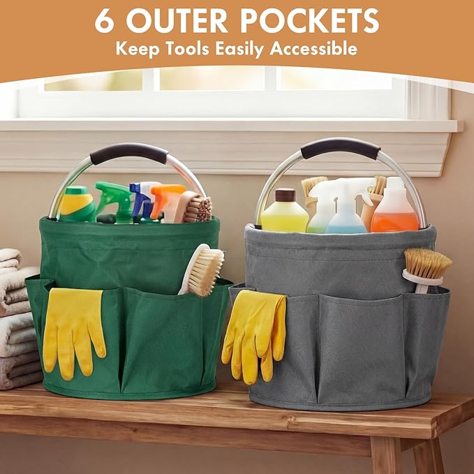 LemonRoad 4 Pack Cleaning Caddy with Handle 17L Foldable Cleaning Supplies Organizer Oxford Cloth Storage Basket with 6 Pockets & Soft Grip Portable Multi Bucket Bag for Home, Garden(4 Colors)