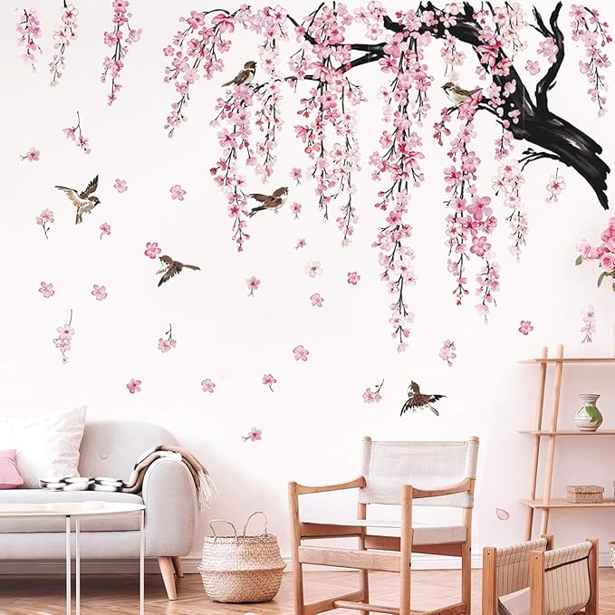 Large Pink Flower Wall Stickers, 47"x71" Removable DIY Romantic Cherry Blossom Tree Wall Murals Peel and Stick 3D Wall Art Stickers Home Decor for Gilrs Bedroom Nursery Rooms Living Room