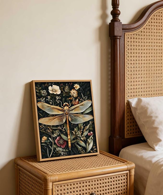 Framed Vintage Botanical Dragonfly Wall Art Dark Green Gothic Nature Dragonfly Flowers Wall Decor Pictures for Living Room Bedroom Home Decoration 12x16in